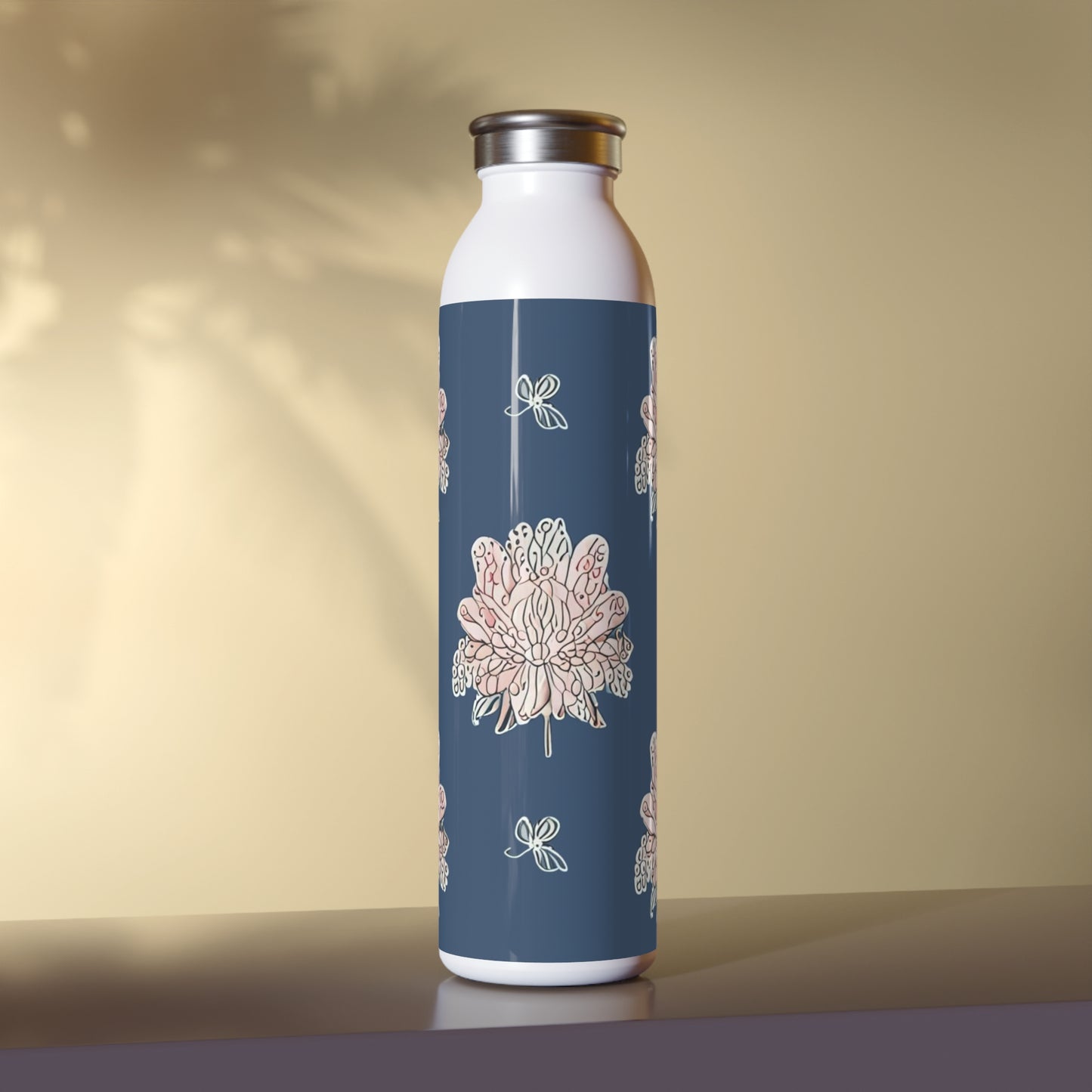 Rose White Floral Butterflies Slim Water Bottle, 20 oz White