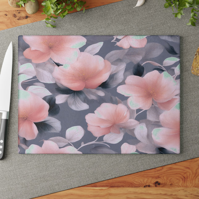 Peach and Blue Gray Floral Bunch Glass Cutting Board, 11" x 15"