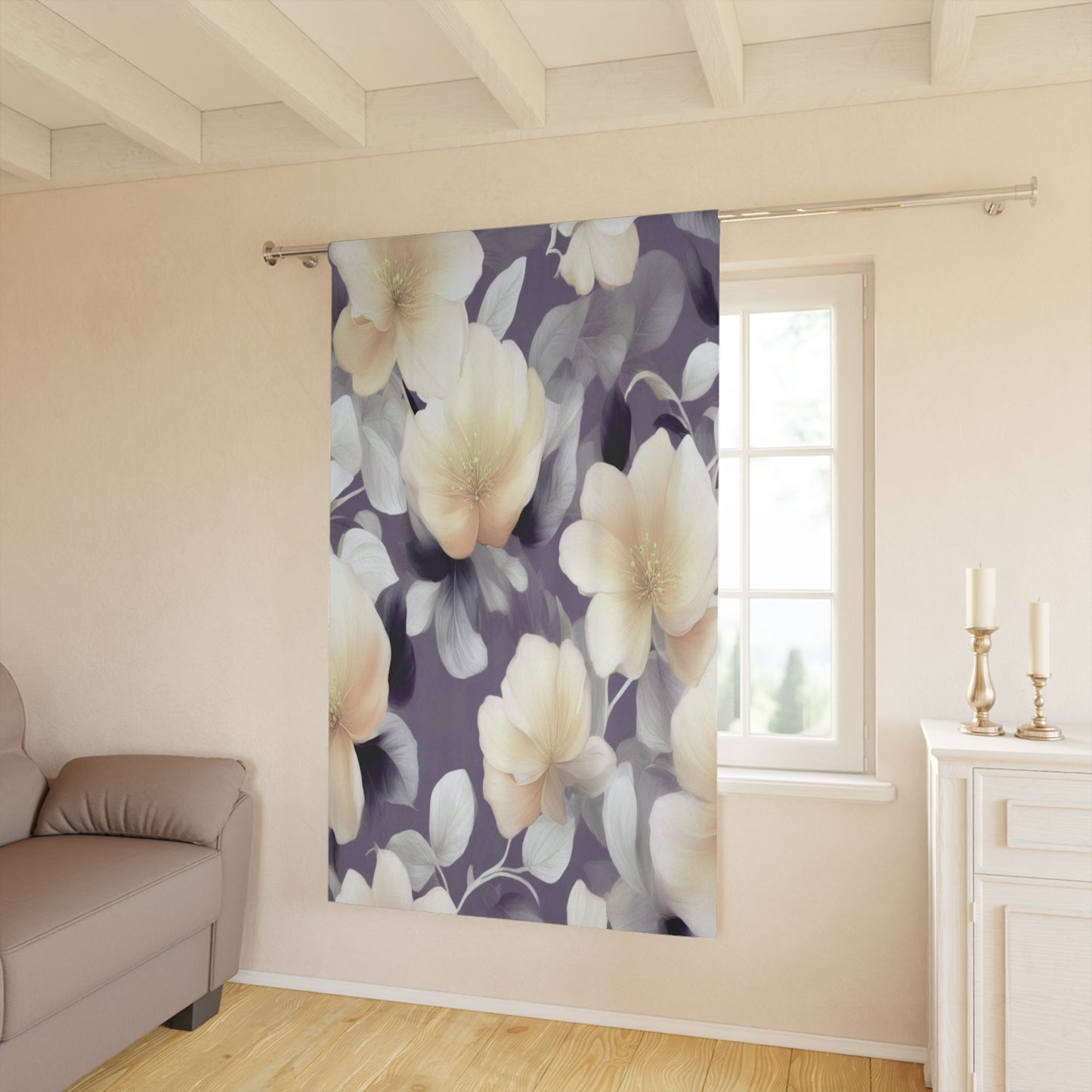 White Blush Floral Bunch Window Curtain, 50" x  84", blackout