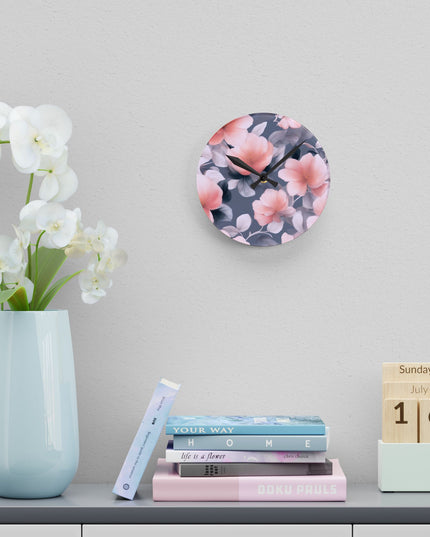 Peach and Blue Gray Floral Bunch Acrylic Round Wall Clock, 8" x 8"