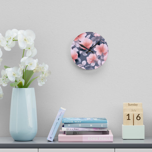 Peach and Blue Gray Floral Bunch Acrylic Round Wall Clock, 8" x 8"