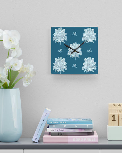 Tif Green White Floral Butterflies Acrylic Wall Clock, Round or Square, 10.75" x 10.75"