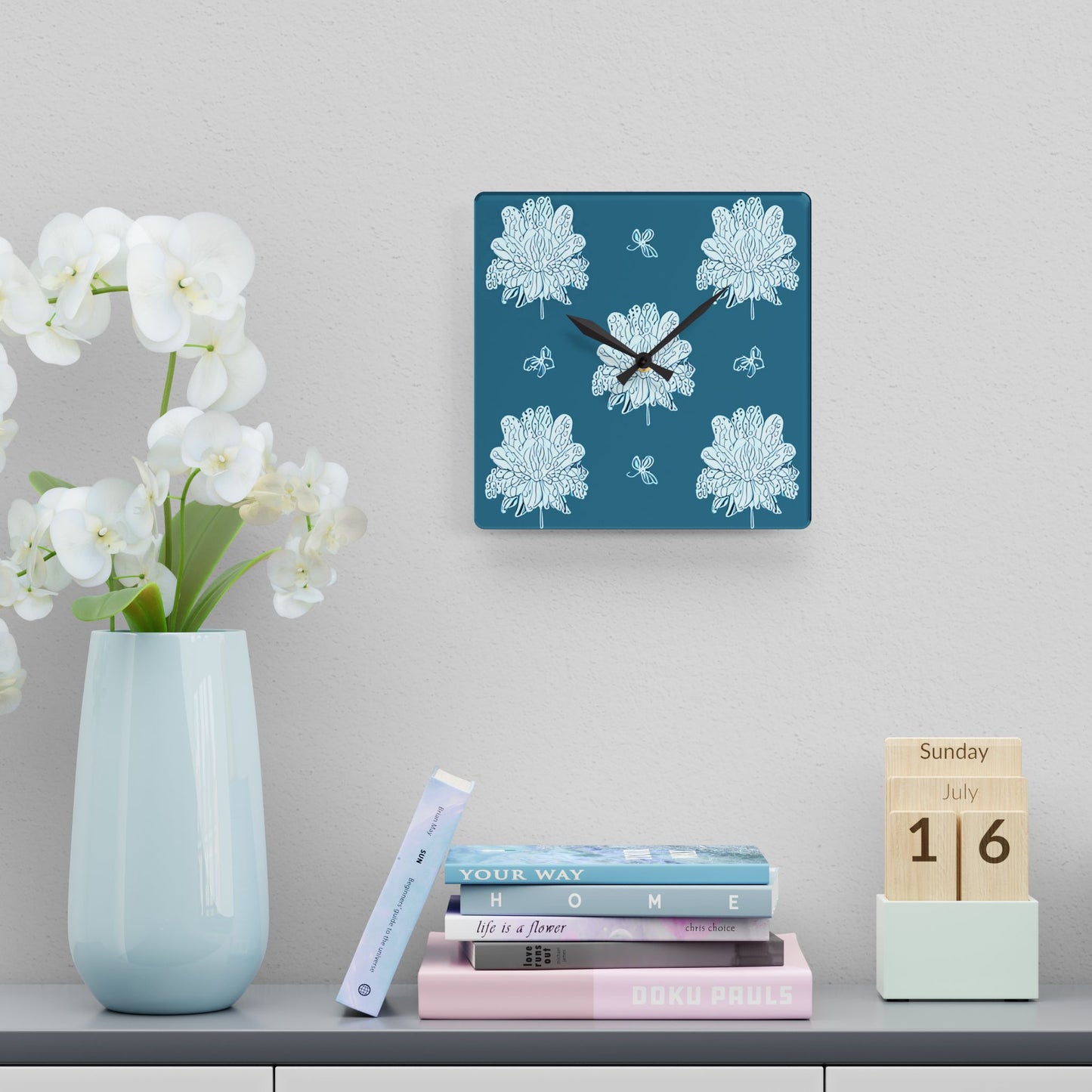 Tif Green White Floral Butterflies Acrylic Wall Clock, Round or Square, 10.75" x 10.75"