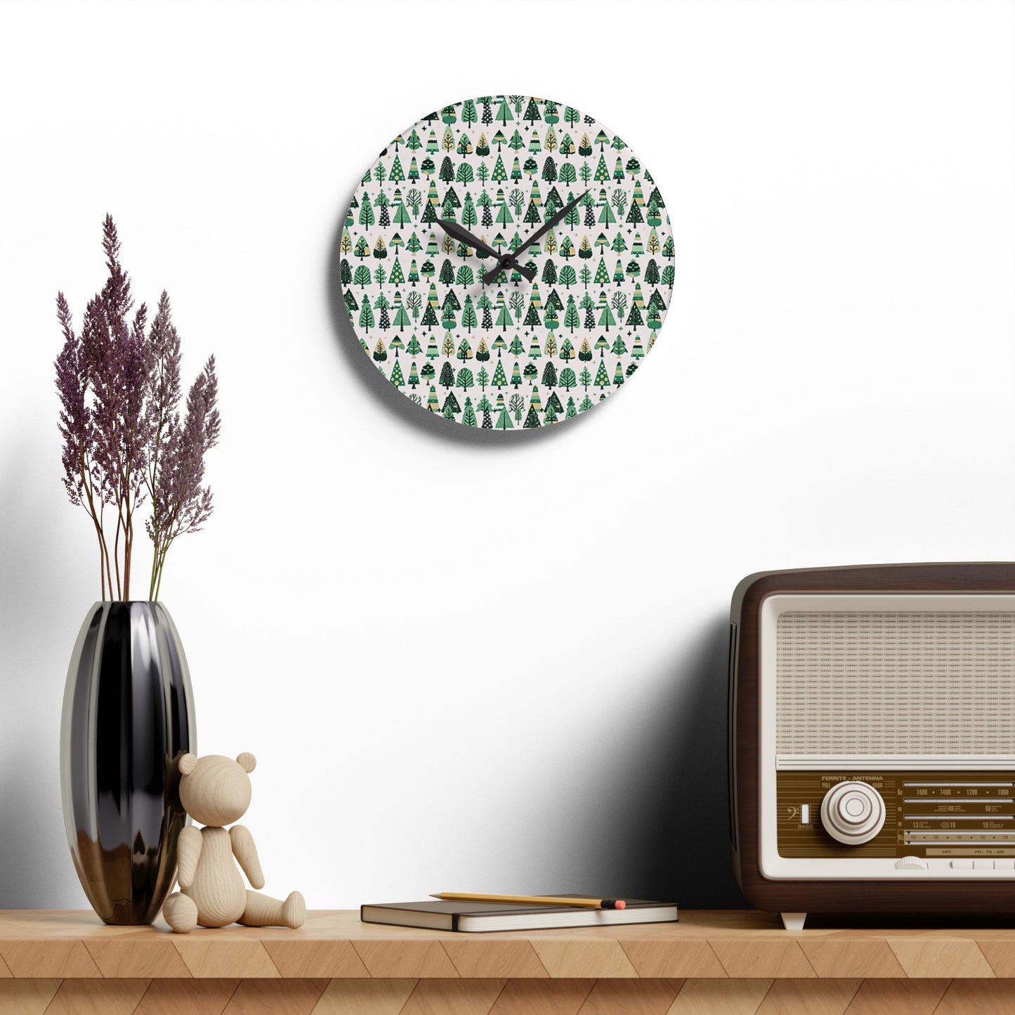 Mini Vintage Green Trees Acrylic Wall Clock, Round or Square, 10.75" x 10.75"