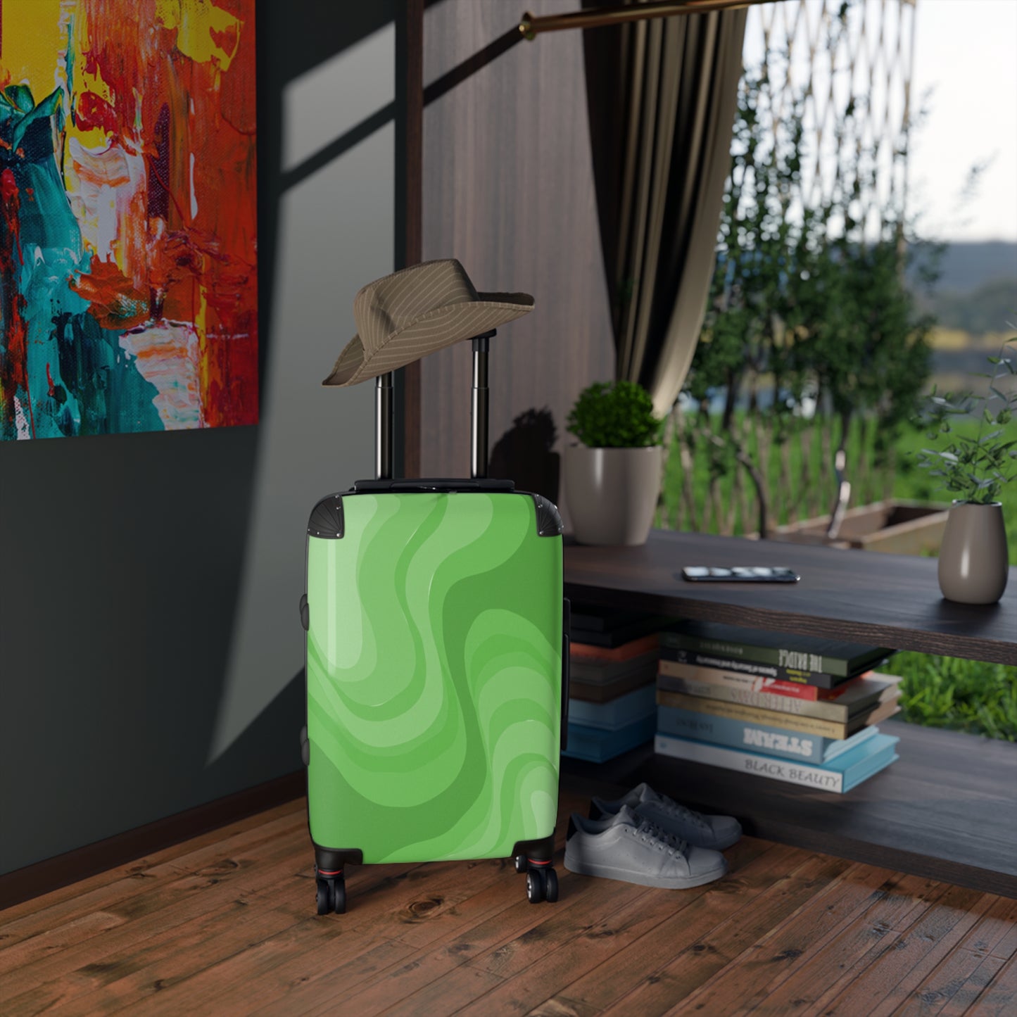 Greenie Meanie Wavey Small Suitcase with built in lock, 4 double-wheels, telescopic handle, and ABS back hard-shell