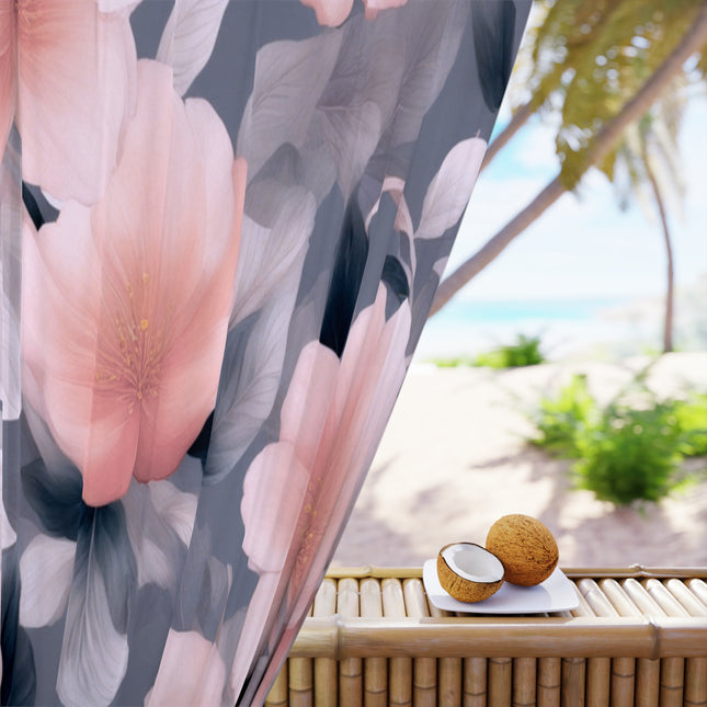Peach and Blue Gray Floral Bunch Window Curtain, 50" x  84", blackout