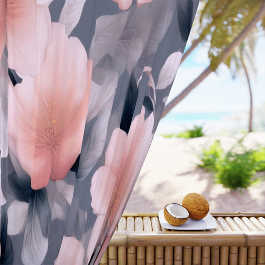 Peach and Blue Gray Floral Bunch Window Curtain, 50" x  84", blackout