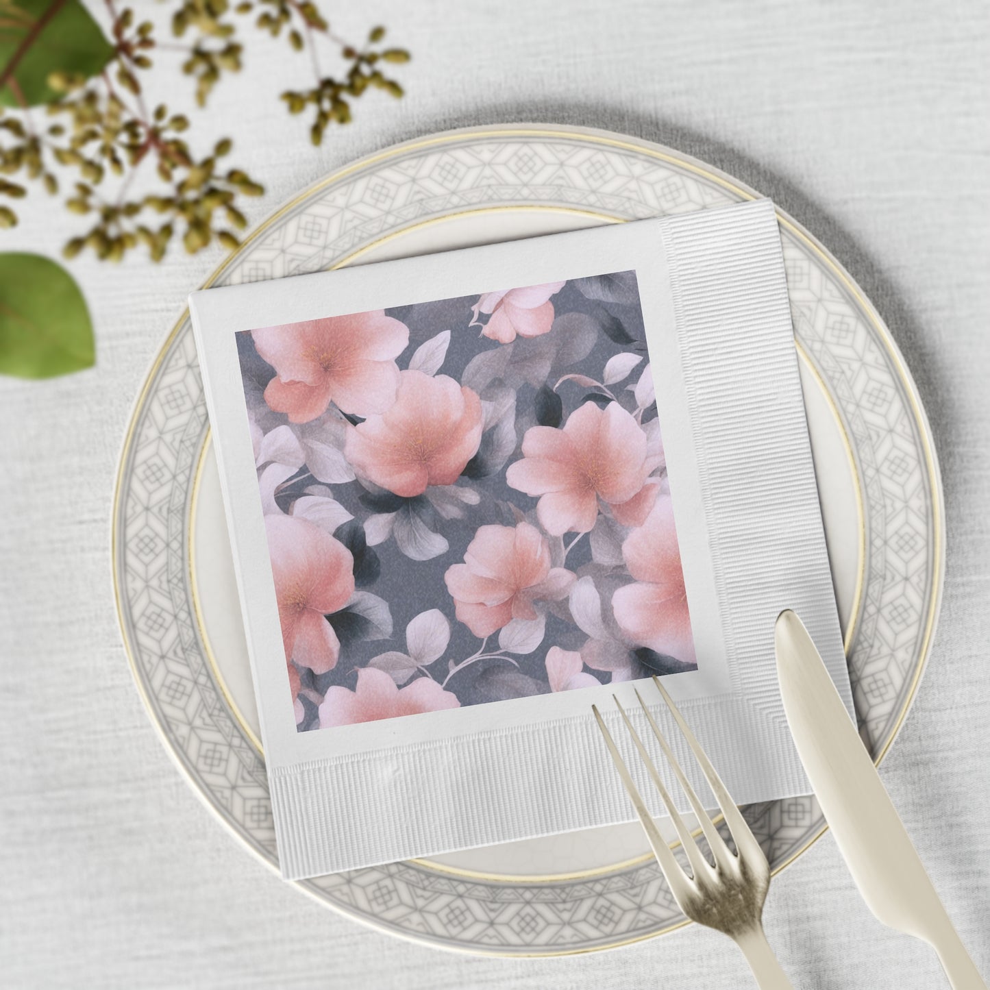 Peach and Blue Gray Floral Bunch White Coined Napkins, 6.5" x 6.5"