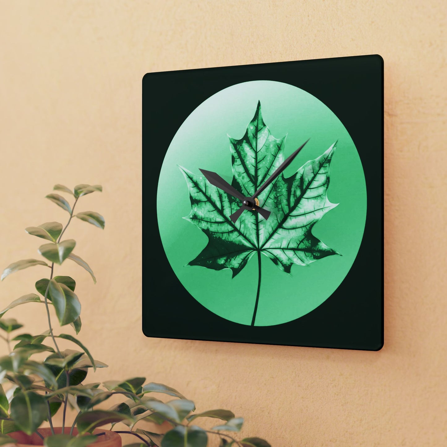 Mint Green Maple Leaf Acrylic Wall Clock, Round or Square, 10.75" x 10.75"