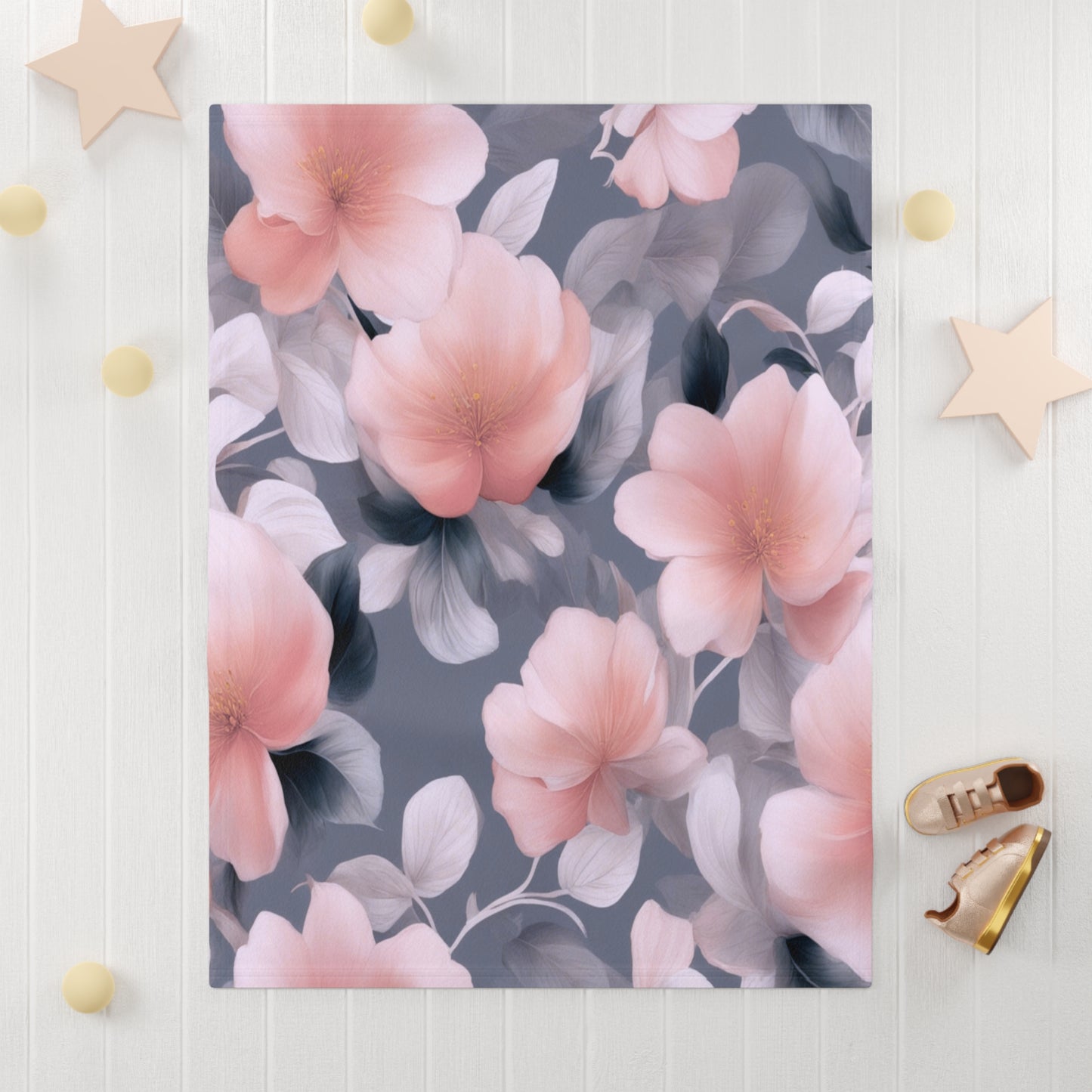 Peach and Blue Gray Floral Bunch Soft Fleece Baby Blanket, 30" x 40"