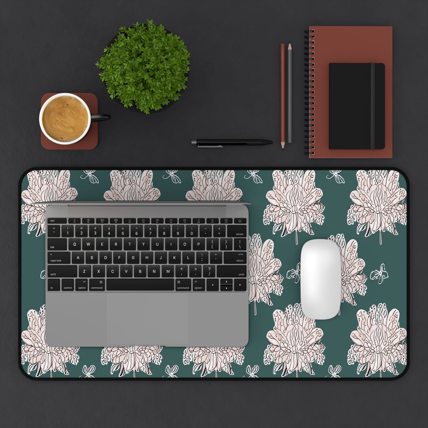 Soft White Floral Butterflies 12" x 22" Desk Mat