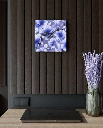 Indigo Blossom Floral Bunch Acrylic Wall Clock, Round or Square, 10.75" x 10.75"