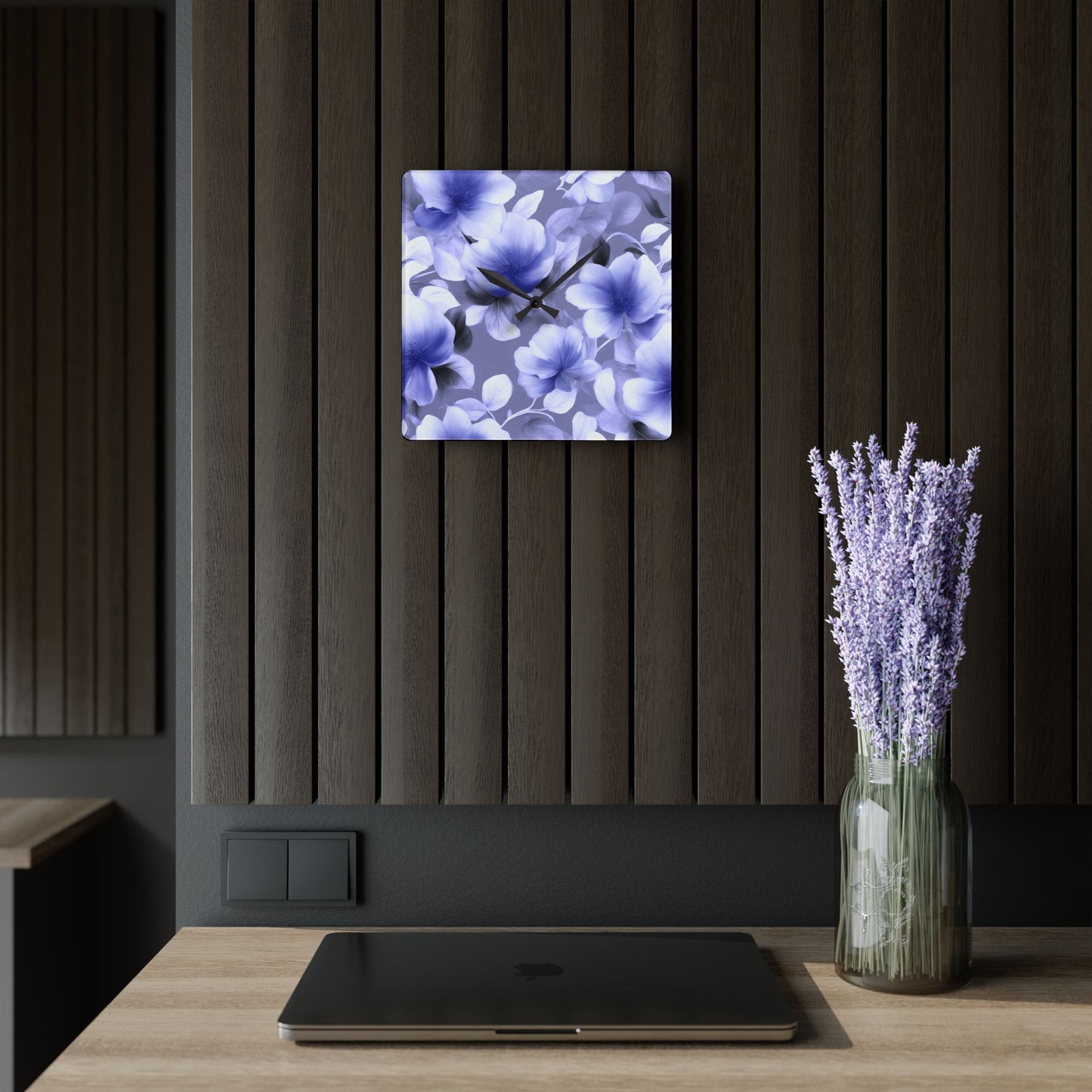 Indigo Blossom Floral Bunch Acrylic Wall Clock, Round or Square, 10.75" x 10.75"
