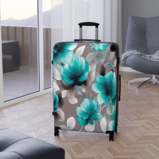 Tif Green Gray Floral Bunch Large Suitcase with built in lock, 4 double-wheels, telescopic handle, and ABS back hard-shell