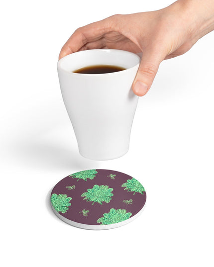 Mint Green Floral Butterflies 4" x 4" Round Ceramic Coaster