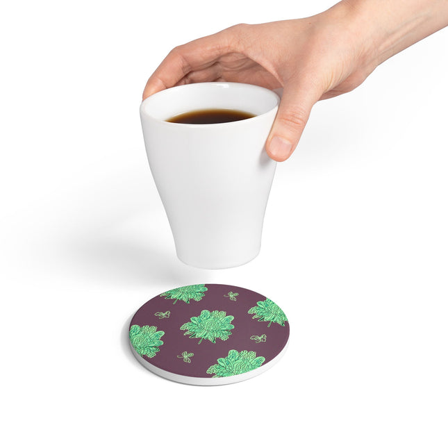 Mint Green Floral Butterflies 4" x 4" Round Ceramic Coaster