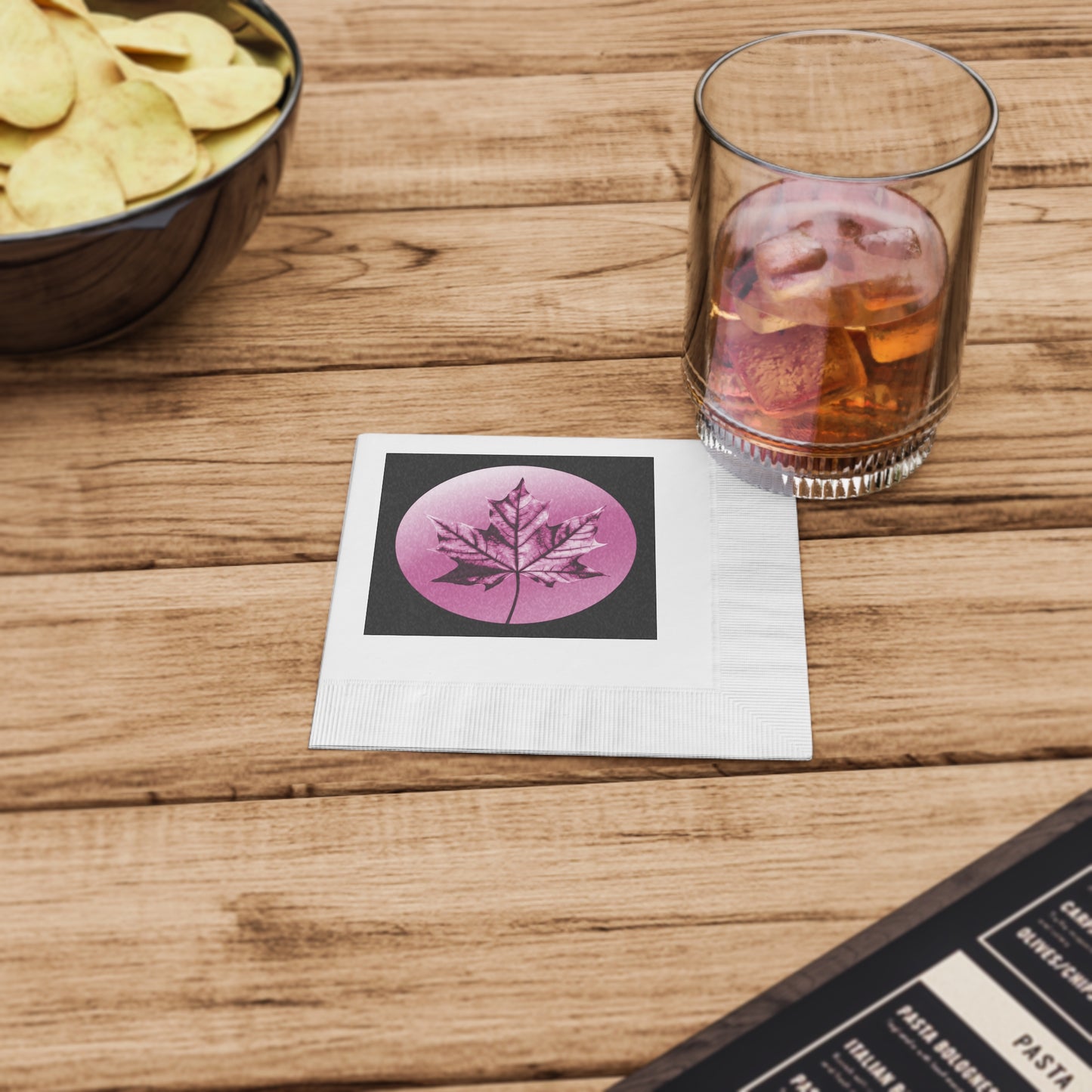 Magenta Maple Leaf White Coined Napkins, 4.8" x 4.8"