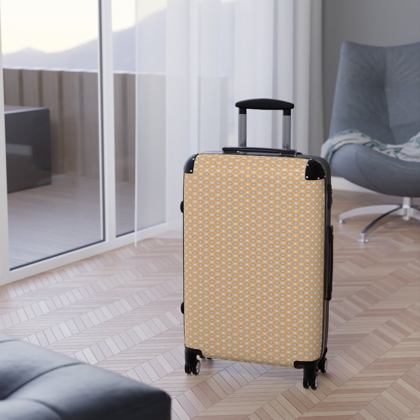 Tan Sunset Star-crossed Bodies Medium Suitcase with built in lock, 4 double-wheels, telescopic handle, and ABS back hard-shell