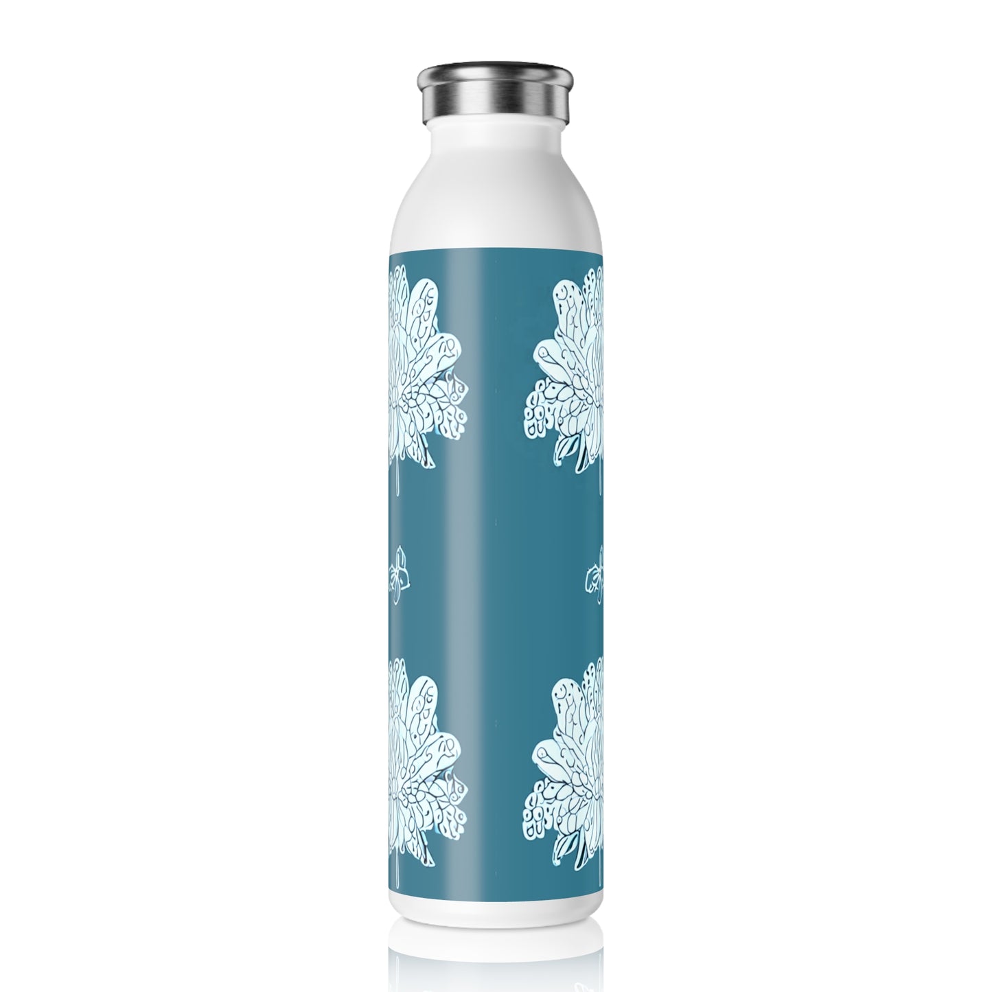Tif Green White Floral Butterflies Slim Water Bottle, 20 oz White