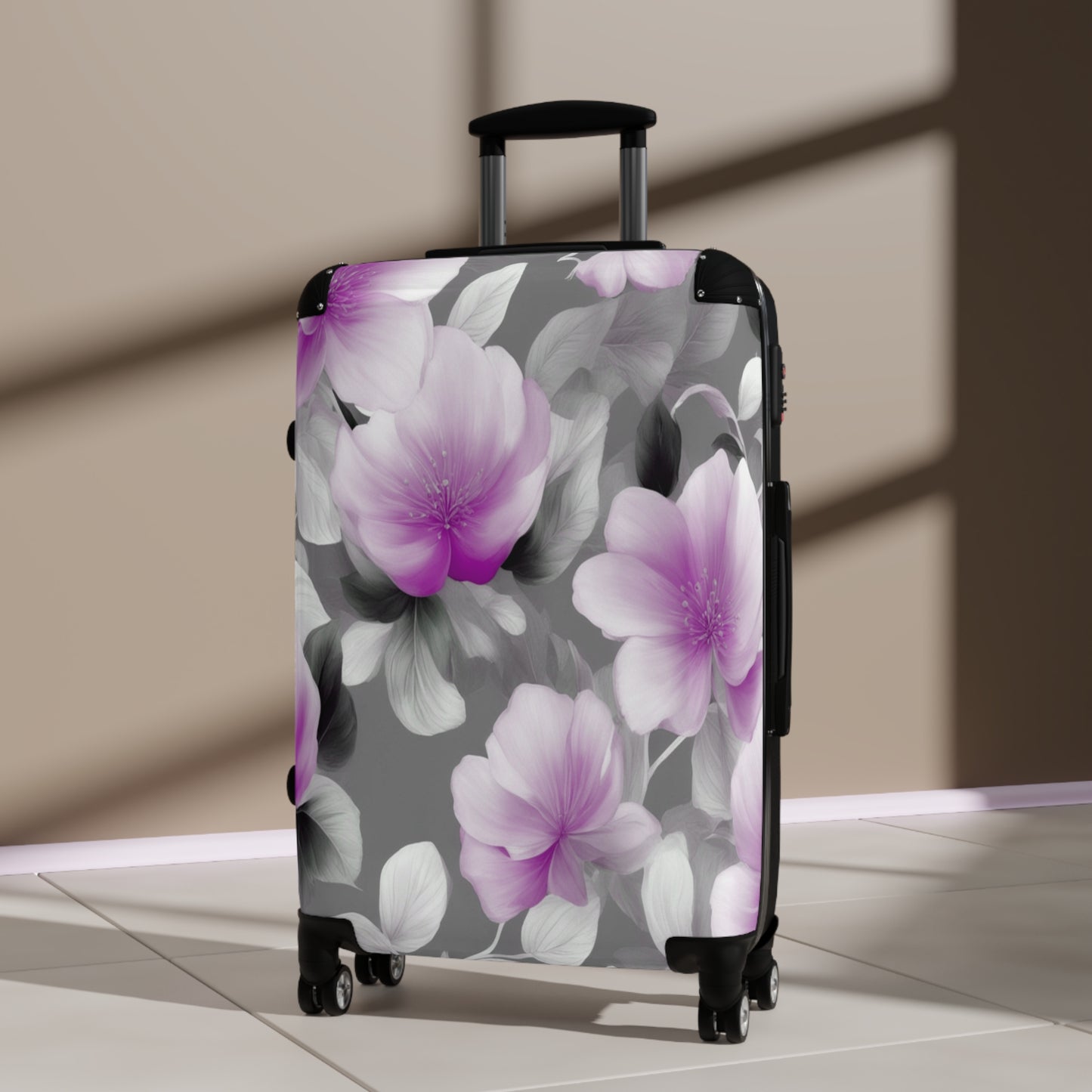 Purple Blossom Floral Bunch Medium Suitcase with built in lock, 4 double-wheels, telescopic handle, and ABS back hard-shell