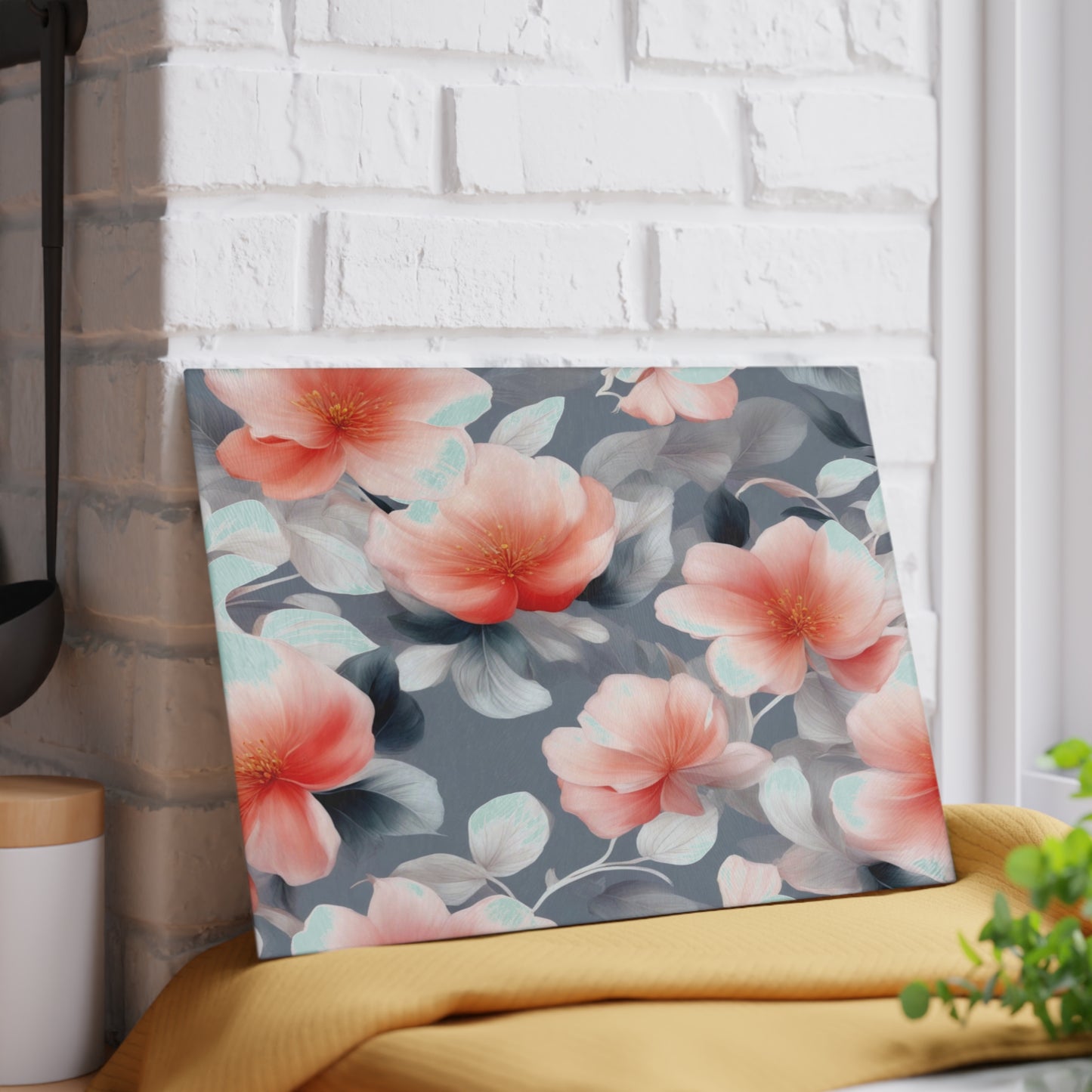 Red Blossom Floral Bunch Glass Cutting Board, 8" x 11"