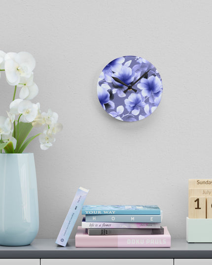 Indigo Blossom Floral Bunch Acrylic Round Wall Clock, 8" x 8"