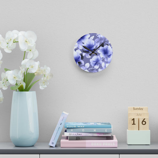 Indigo Blossom Floral Bunch Acrylic Round Wall Clock, 8" x 8"