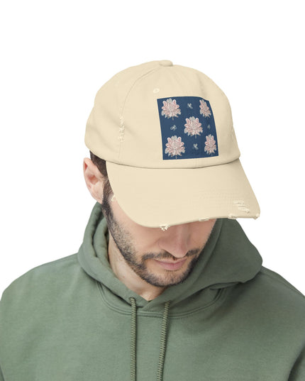 Rose White Floral Butterflies Unisex Distressed Cap