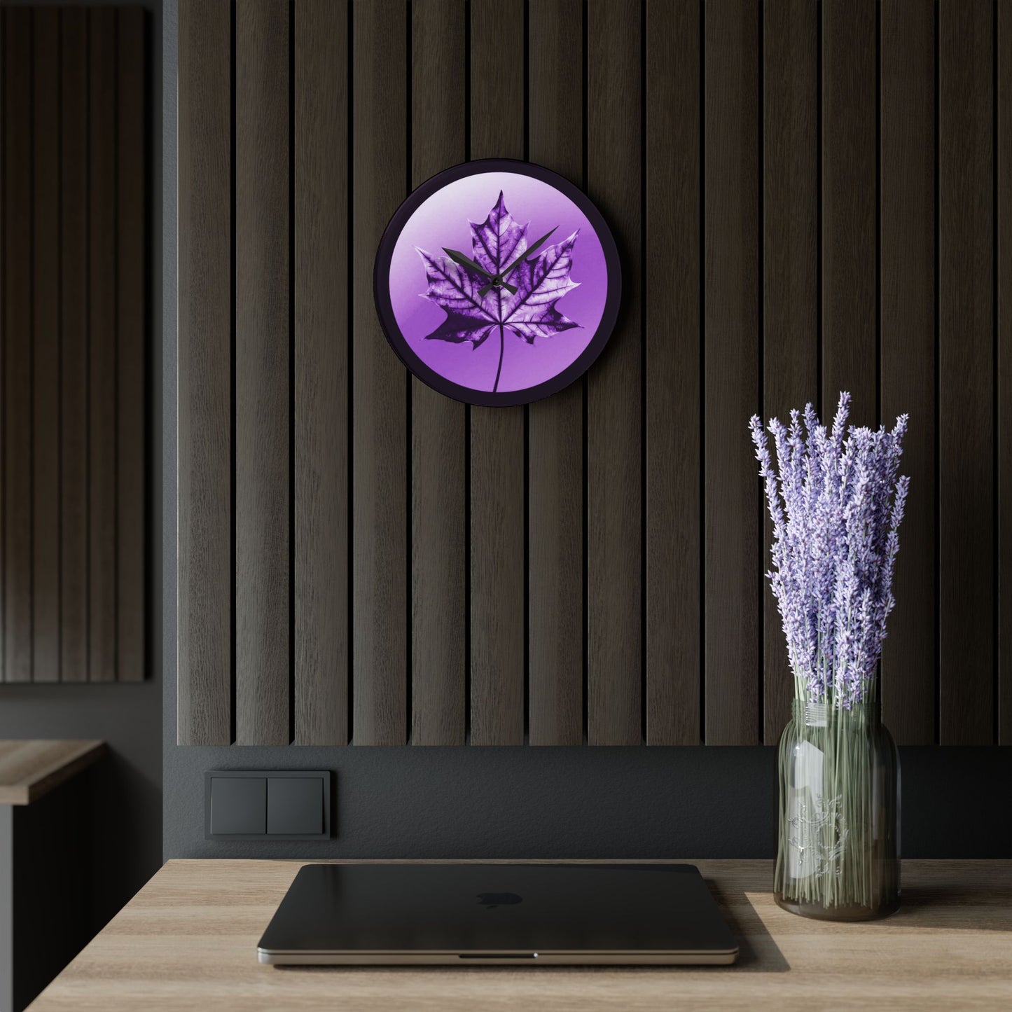 Purple Maple Leaf Acrylic Wall Clock, Round or Square, 10.75" x 10.75"