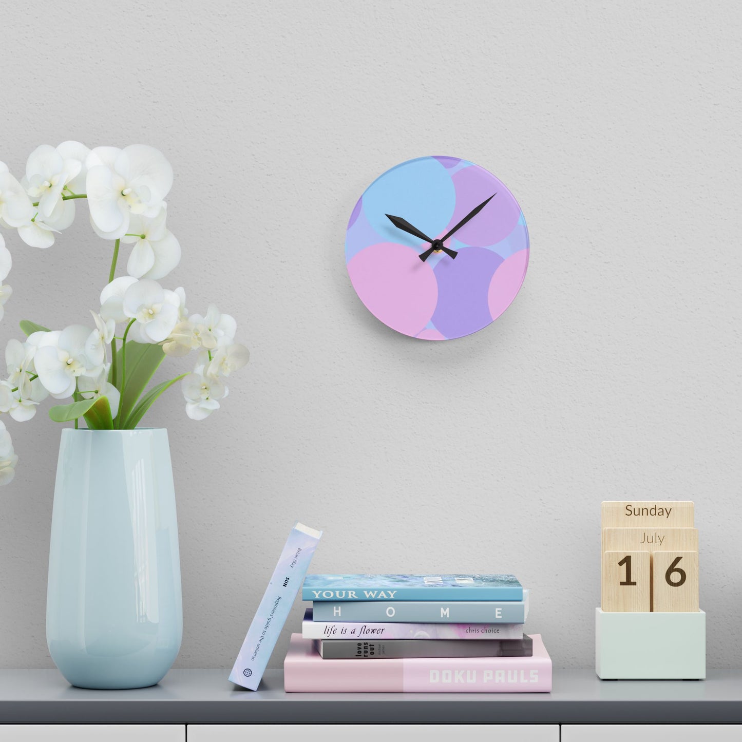 Pastel Purple and Mauve Patches Acrylic Round Wall Clock, 8" x 8"