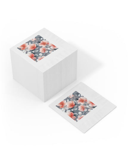 Red Blossom Floral Bunch White Coined Napkins, 4.8" x 4.8"