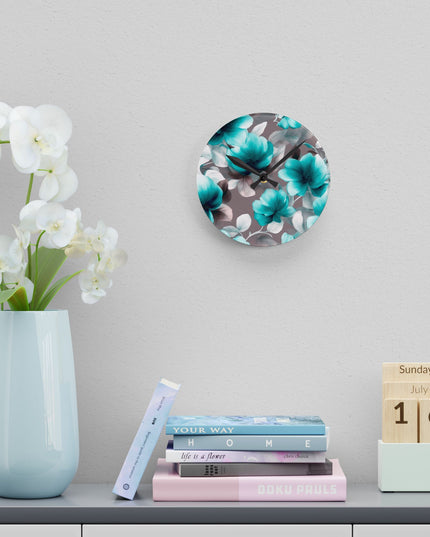Tif Green Gray Floral Bunch Acrylic Round Wall Clock, 8" x 8"