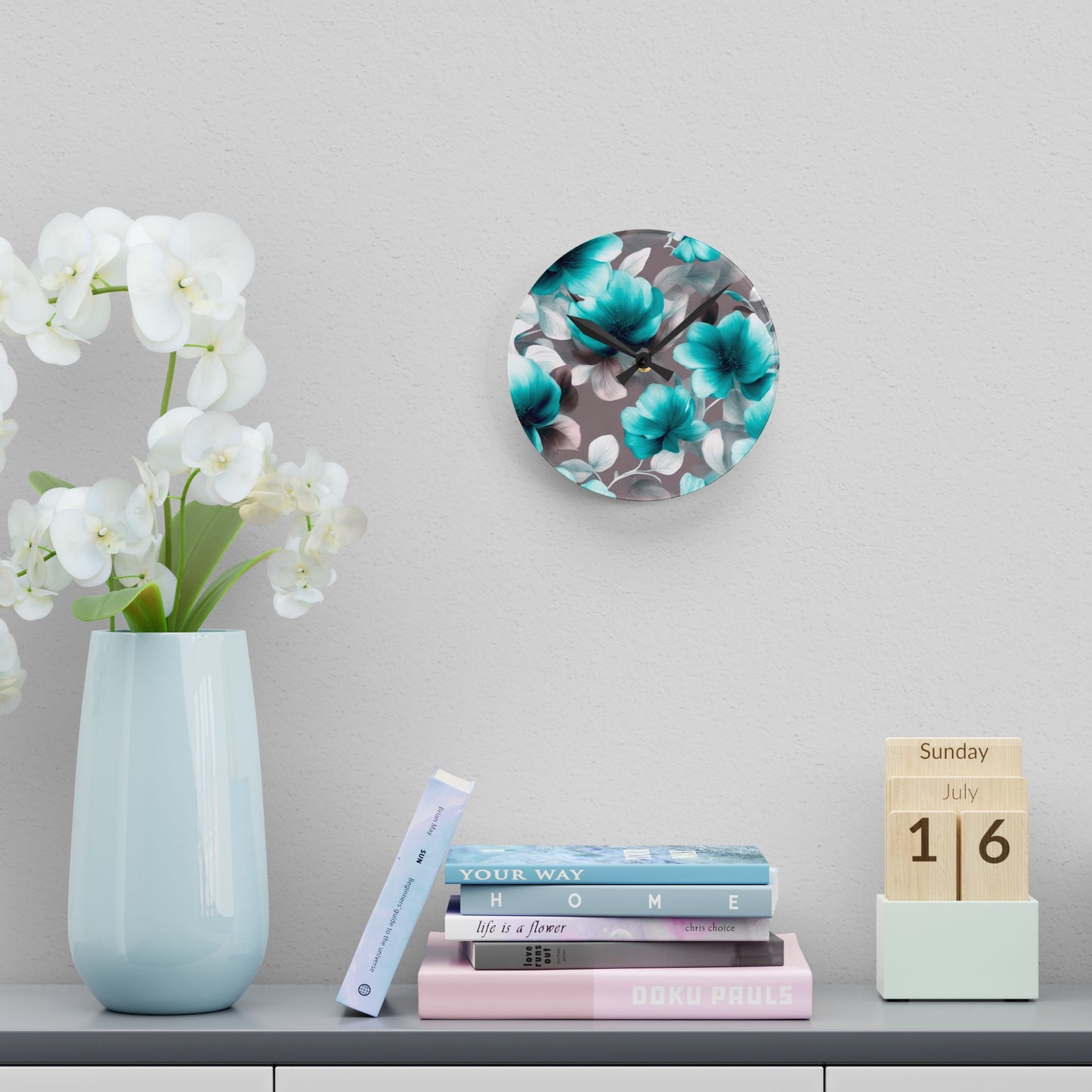 Tif Green Gray Floral Bunch Acrylic Round Wall Clock, 8" x 8"