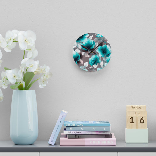 Tif Green Gray Floral Bunch Acrylic Round Wall Clock, 8" x 8"