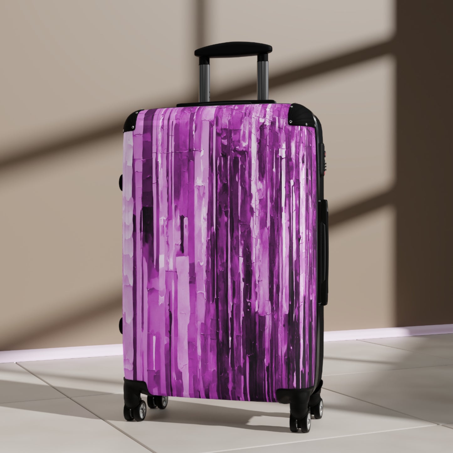 Striped Powder Lavender Medium Suitcase with built in lock, 4 double-wheels, telescopic handle, and ABS back hard-shell