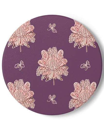 Pink Floral Butterflies 4" x 4" Round Ceramic Coaster