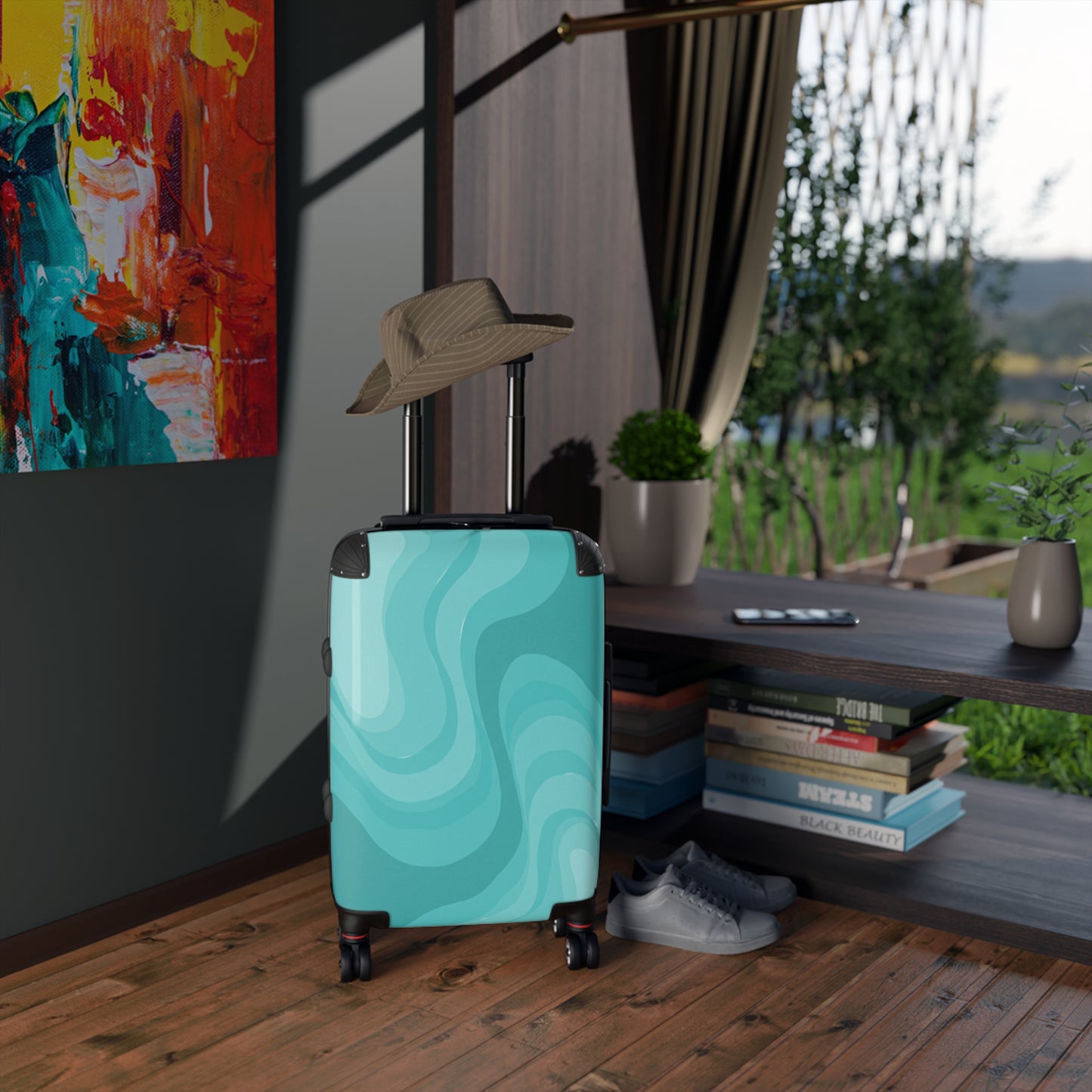 Tif Green Wavey Small Suitcase with built in lock, 4 double-wheels, telescopic handle, and ABS back hard-shell
