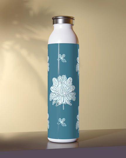 Tif Green White Floral Butterflies Slim Water Bottle, 20 oz White