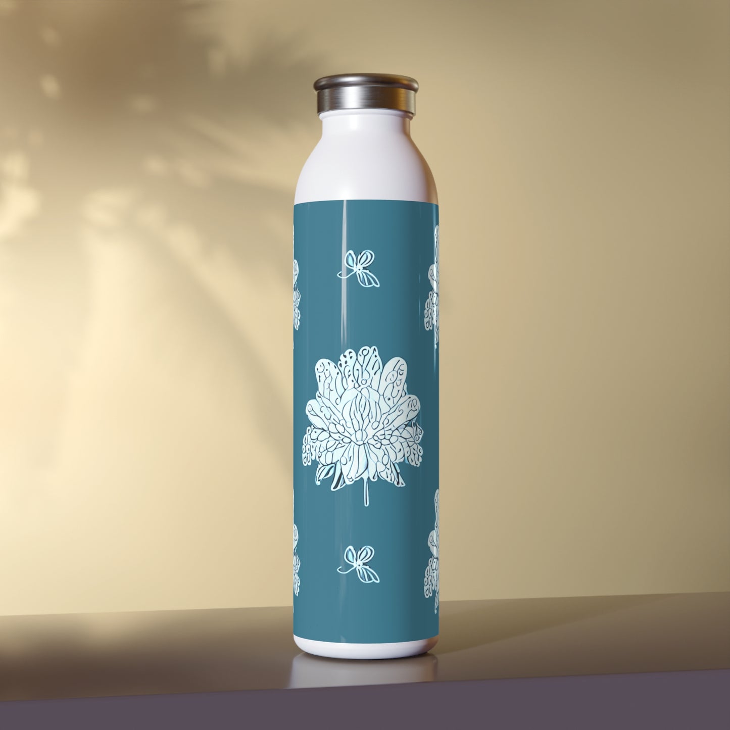 Tif Green White Floral Butterflies Slim Water Bottle, 20 oz White