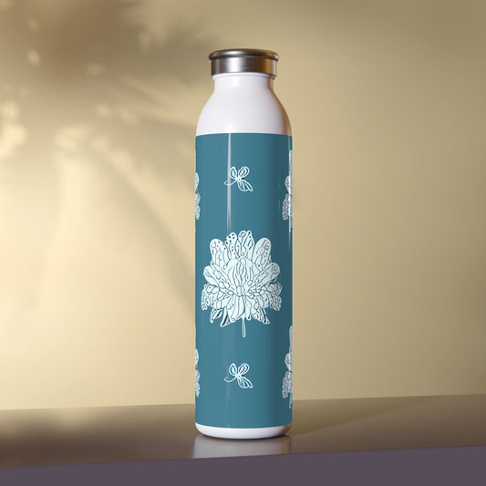 Tif Green White Floral Butterflies Slim Water Bottle, 20 oz White