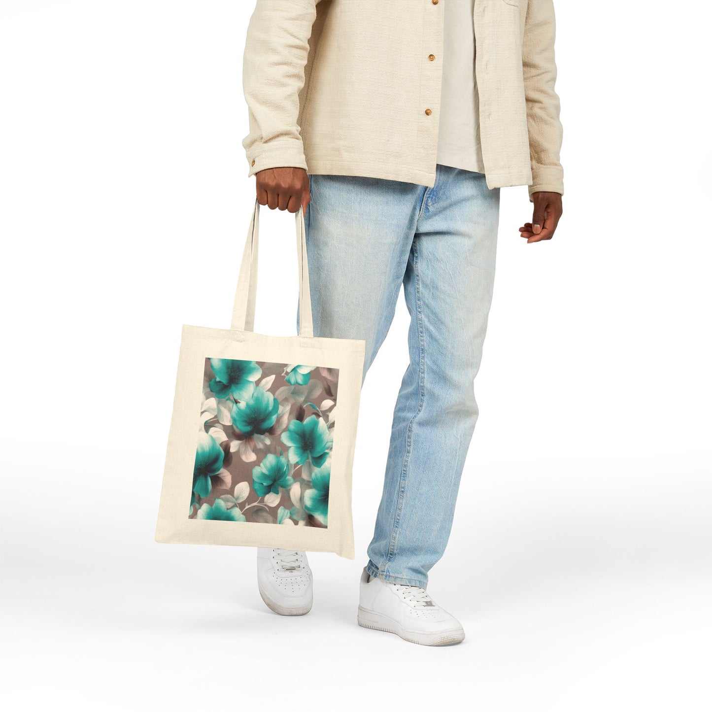 Tif Green Gray Floral Bunch Cotton Canvas Tote Bag