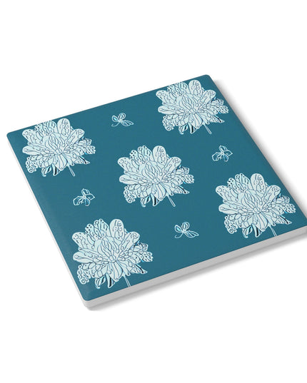 Tif Green White Floral Butterflies 4" x 4" Square Ceramic Coaster