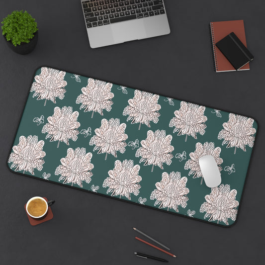 Soft White Floral Butterflies 16" x 32" Desk Mat