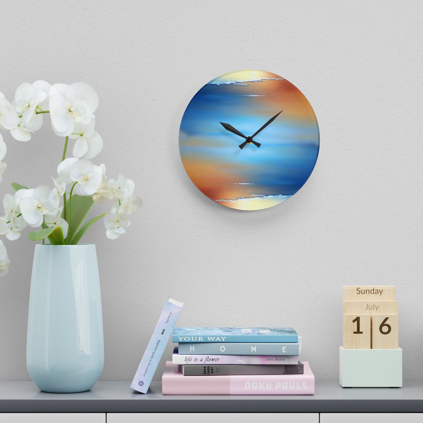 Blue Sea Red Orange Fog Acrylic Wall Clock, Round or Square, 10.75" x 10.75"