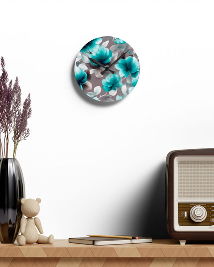 Tif Green Gray Floral Bunch Acrylic Round Wall Clock, 8" x 8"