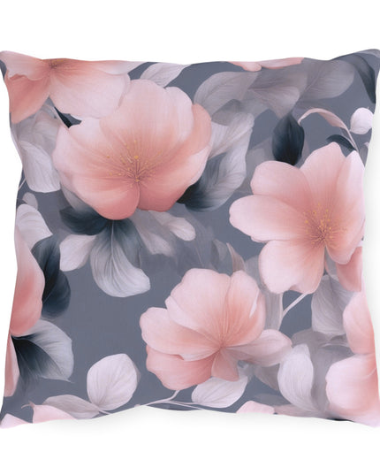 Peach and Blue Gray Floral Bunch Outdoor Pillow, 16" x 16"