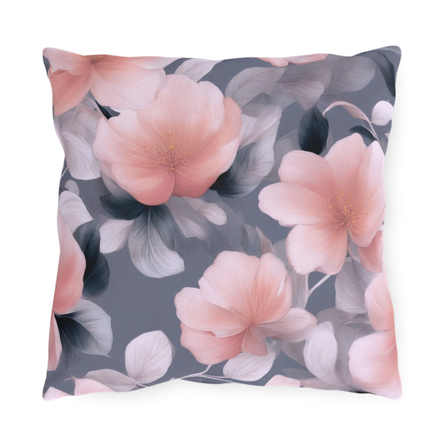 Peach and Blue Gray Floral Bunch Outdoor Pillow, 16" x 16"
