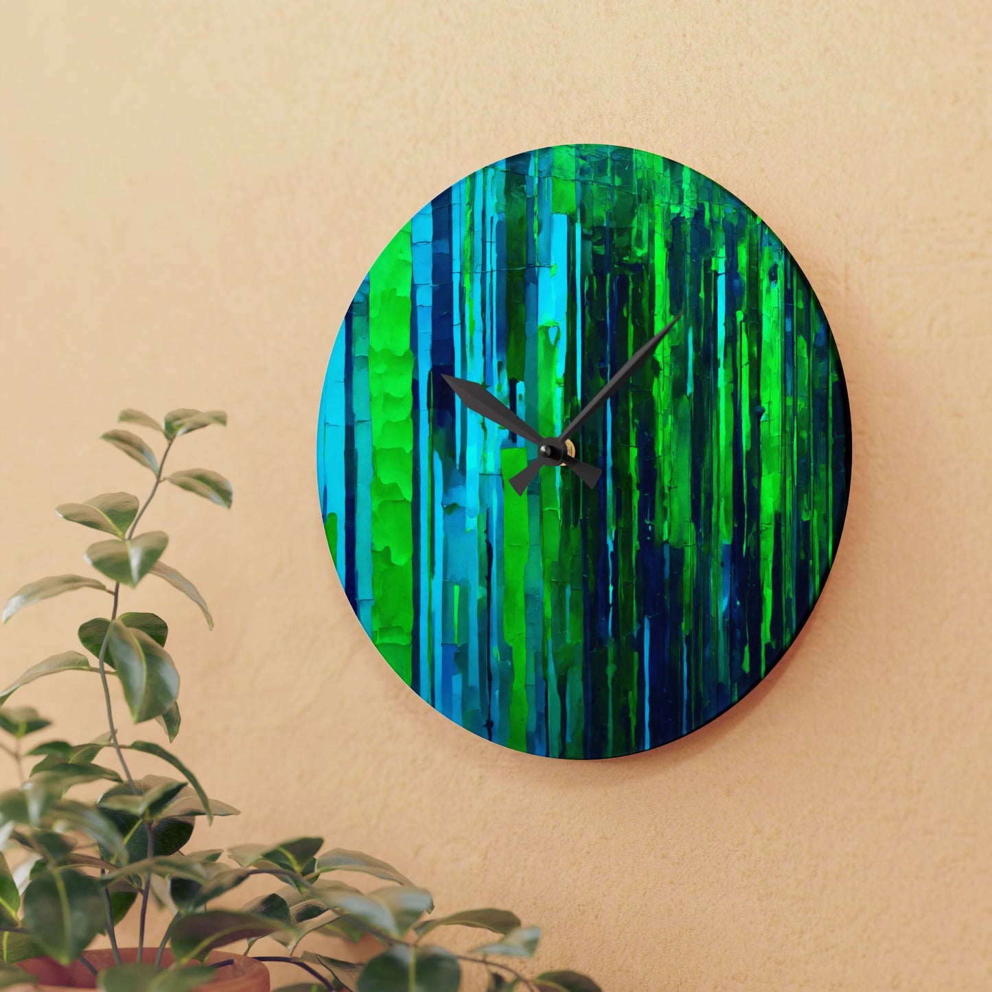 Striped Blue Green Acrylic Wall Clock, Round or Square, 10.75" x 10.75"