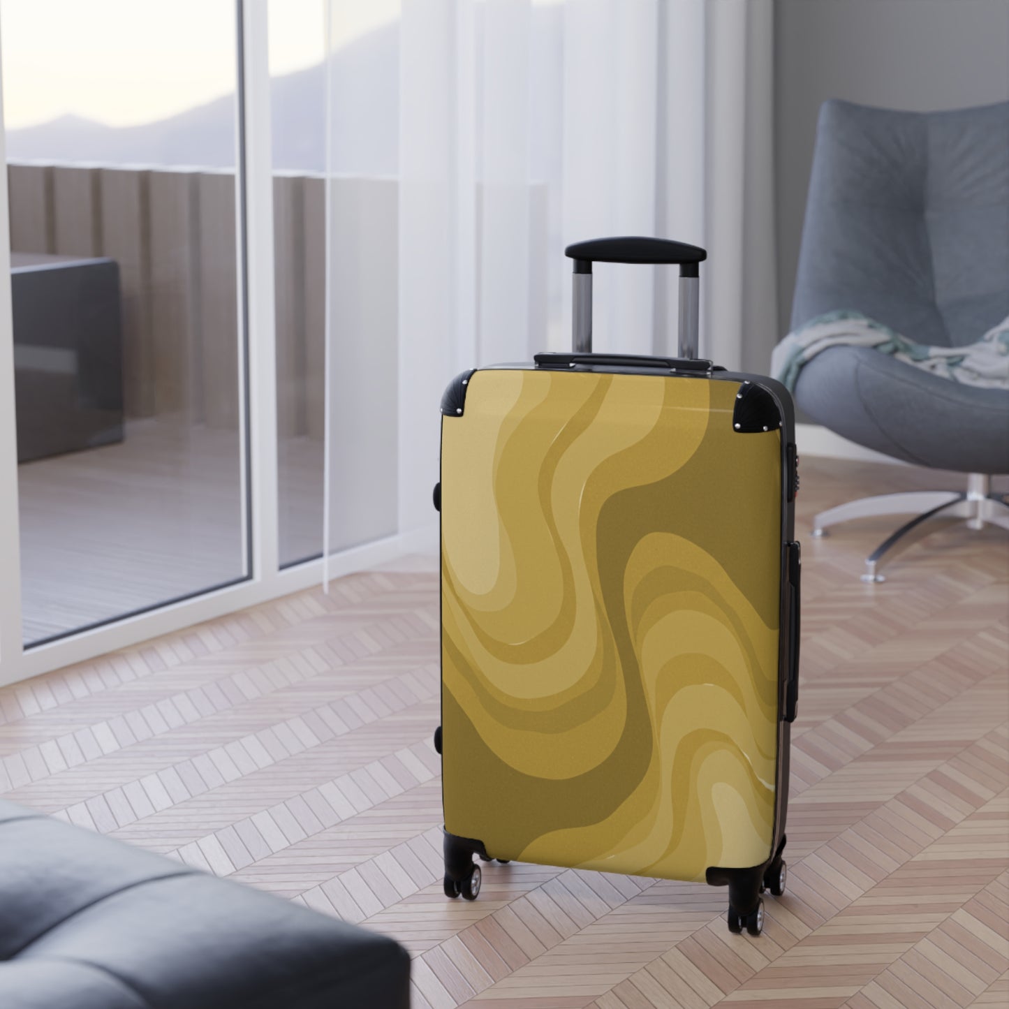 Brown Wavey Medium Suitcase with built in lock, 4 double-wheels, telescopic handle, and ABS back hard-shell