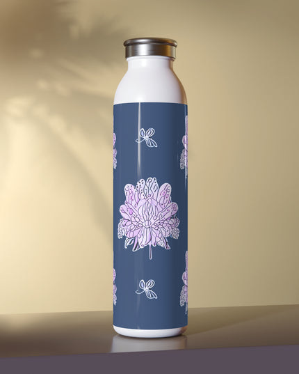 Purple White Floral Butterflies Slim Water Bottle, 20 oz White